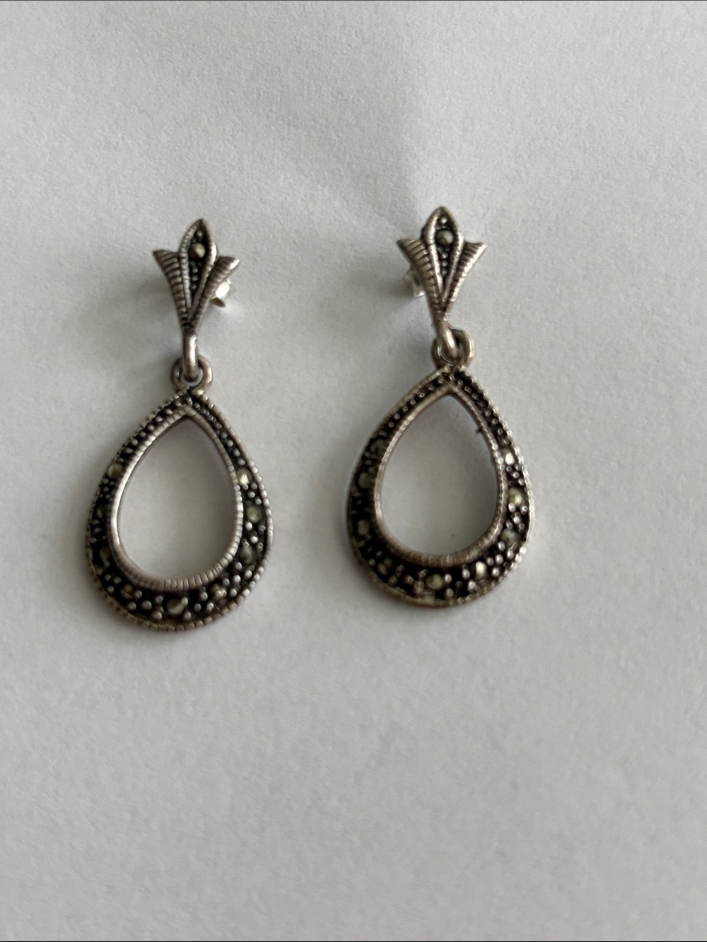 Sterling Silver Marcasite Teardrop Dangle Earrings - Silver